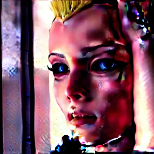 Image similar to beautiful android peeking at you though the curtains, short spiky blonde hair, cyberpunk outfit, still from closed circuit tv footage
