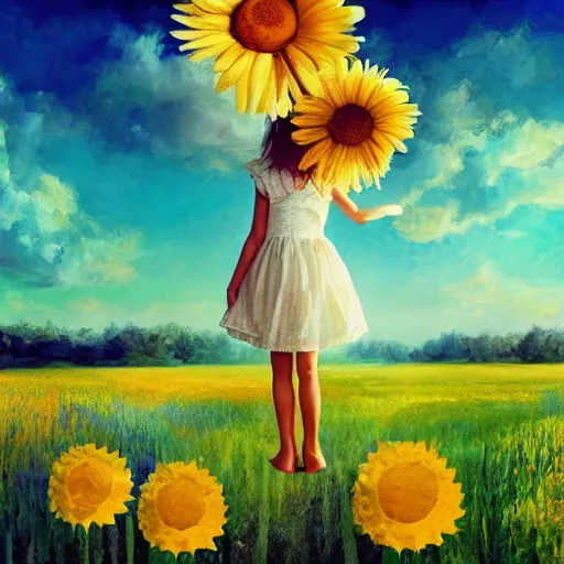 Image similar to head made of giant daisies, girl standing barefoot in a flower field, holding flowers, surreal photography, sunrise dramatic light, impressionist painting, colorful clouds, large sky, digital painting, artstation, simon stalenhag, flower face