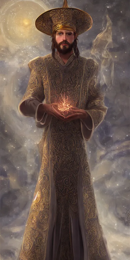 Prompt: adult wizard wearing a byzantine hat and a robe with star and moon pattern, handsome face, focus eyes, large star symbol, ultra realistic soft painting, full body, fantasy, intricate, elegant, highly detailed, digital painting, artstation, concept art, matte, illustration, 8 k