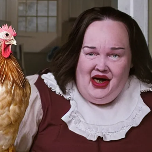 Image similar to an anthropomorphic chicken as annie wilkes from misery