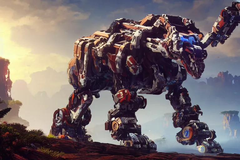 Prompt: rockbreaker machine mecha animal beast robot of horizon forbidden west horizon zero dawn bioluminiscence global illumination ray tracing hdr fanart arstation by sung choi and eric pfeiffer and gabriel garza and casper konefal