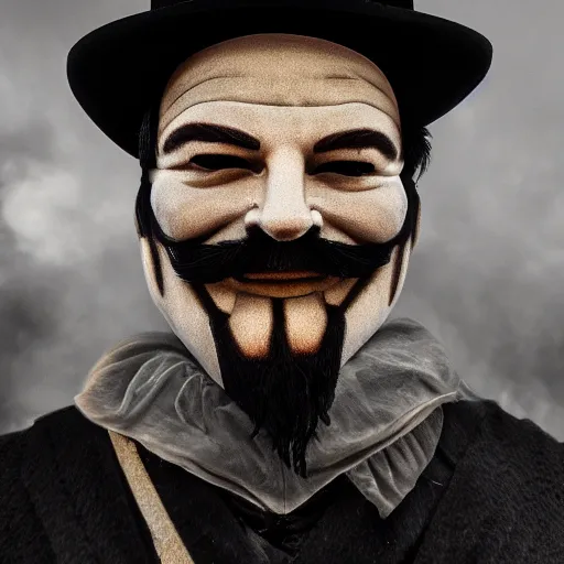 Image similar to man in the style of guy fawkes, cinematic, key light, 4 k, 8 k, photorealistic, ultra realistic, hyperrealistic