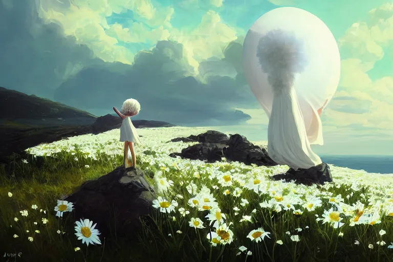 Image similar to giant white daisy flower under head, girl standing on cliff, surreal photography, solar eclipse, milky way, dramatic light, impressionist painting, clouds, digital painting, artstation, james gilleard, liam wong, jeremy mann, simon stalenhag