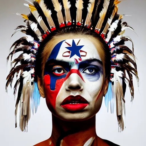 Prompt: a beautiful portrait sculpture designed by Sandra Chevrier, american indian headdress, American stars and stripes on face, by Annie Leibovitz