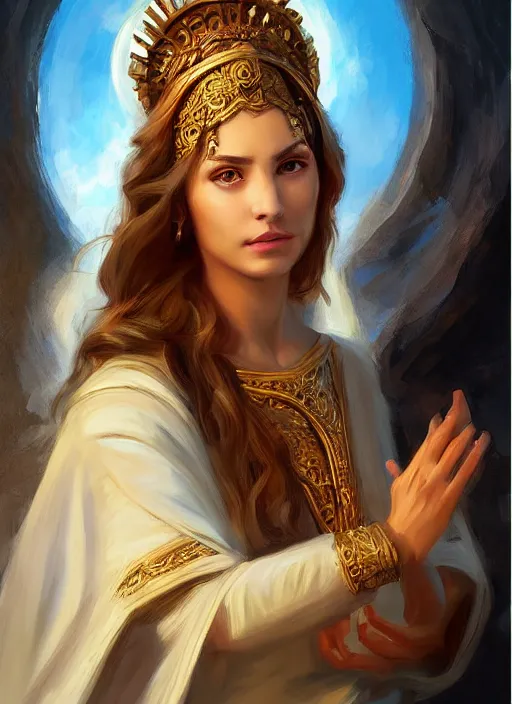 Image similar to Portrait of a beautiful priestess from the oracle of Delphi, looking into the flames, greek mythology, high face detail, in the style of Julia Ustinovich, digital art, Vladimir Volegov