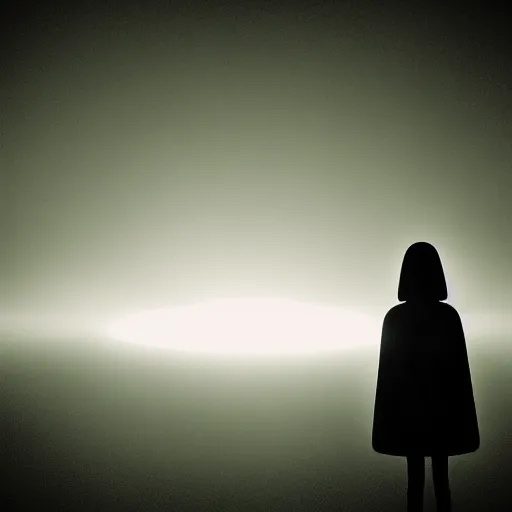 Prompt: dim lights shining through dark fog, emptiness, lonely female figure standing small, psychedelic, spooky found footage, dramatic contrast, trending on artstation