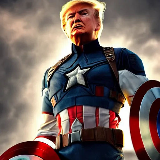 Prompt: Donald trump with captain America’s body, realistic artstyle, wide shot, dramatic lighting, octane render, hyperrealistic, high quality, highly detailed, HD, beautiful, cinematic, 8k, unreal engine, facial accuracy, symmetrical