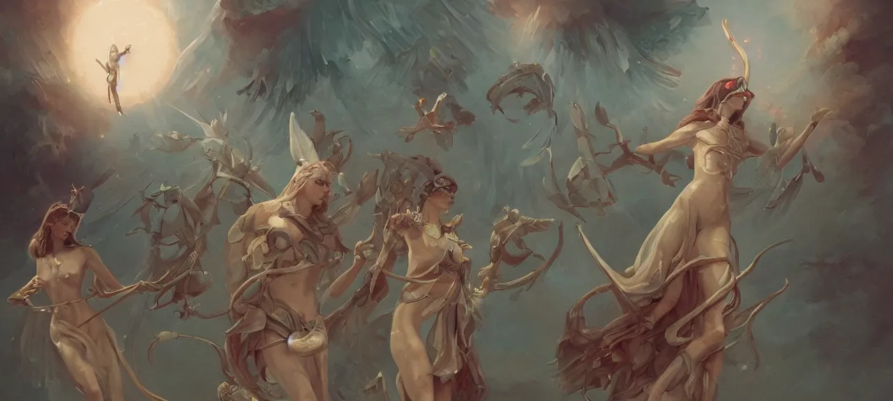 Image similar to angelical time keepers in sacred clothes performing a ritual of planetary sacrifice, tarot, detailed, realistic, digital art, trending on artstation by peter mohrbacher and greg rutkowski