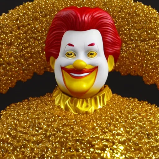 Image similar to A still of Ronald McDonald surrounded by gold and diamonds, Award-winning, photograph, 3d render, unreal engine, 4k detailed