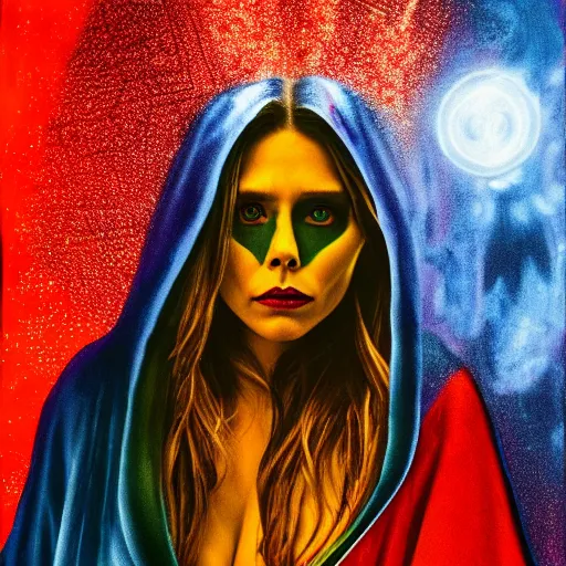 Prompt: a psychedelic full body painting of elizabeth olsen in a red wizards robe casting an evil spell, detailed face, red swirls, ominous lighting, night time, high quality