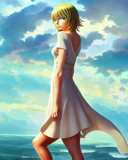 Image similar to taylor swift as nami from one piece, simple cream dress, detailed perfect face, mid view, by artgerm, by studio muti, greg rutkowski makoto shinkai takashi takeuchi studio ghibli