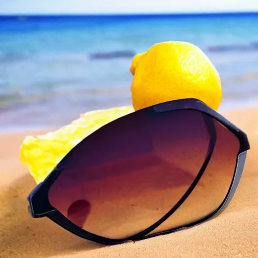 Prompt: a lemon wearing sunglasses at the beach