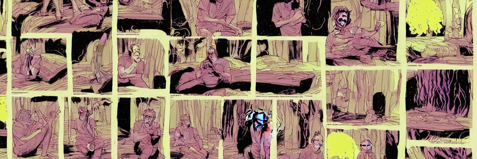 Image similar to character study of todd solondz tripping on mushrooms and becoming god | vivid colors : storyboard, graphic novel, adult comics, dramatic and emotional, concept design, realistic. by gabriel hardman, joe alves, j. todd anderson, chris bonura. cinematic atmosphere, detailed and intricate, perfect anatomy