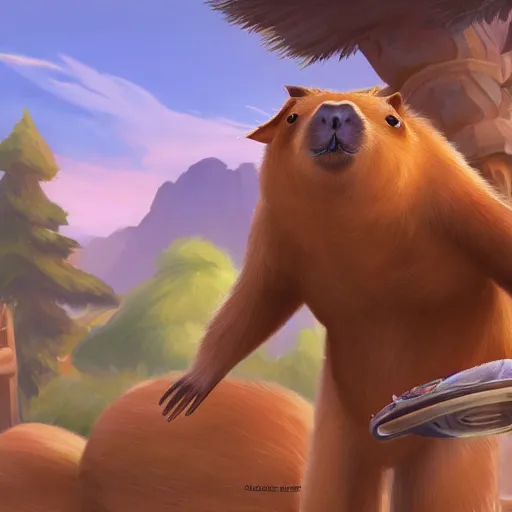 Prompt: A portrait of an capybara selling products, artwork by World of Warcraft Direction Art, detailed, dynamic, cinematic composition