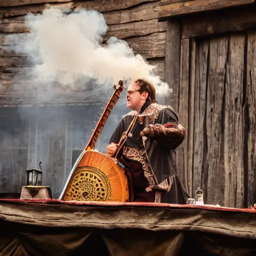 Image similar to a medieval bard singing in a wooden stage in the middle of an old wooden town with his hurdy - gurdy. smoke explosion around him. mid day light. medieval market fest.