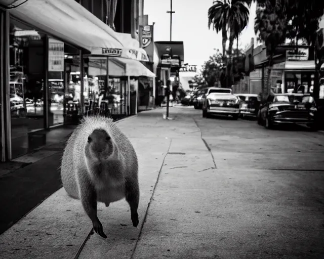 Prompt: a capybara walking in the streets of los angeles, street photography, black and white