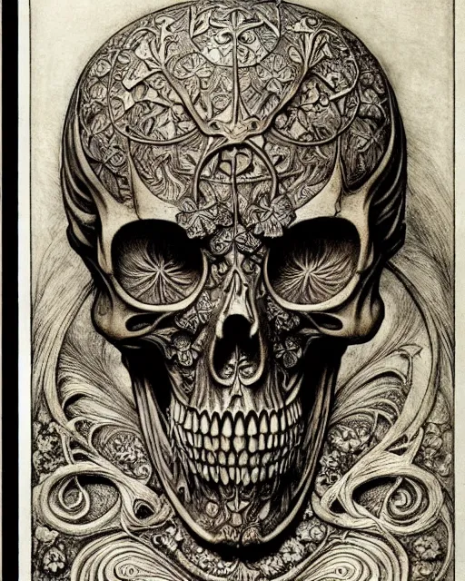 Image similar to memento mori by arthur rackham, art forms of nature by ernst haeckel, exquisitely detailed, art nouveau, gothic, ornately carved beautiful skull dominant, intricately carved antique bone, art nouveau botanicals, ornamental bone carvings, art forms of nature by ernst haeckel, horizontal symmetry, arthur rackham, ernst haeckel, symbolist, visionary