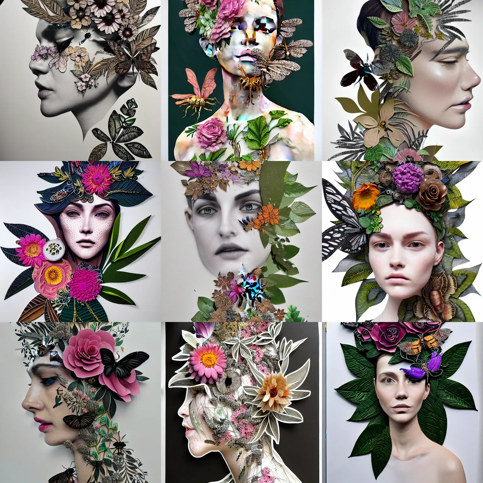 Prompt: 3 d rendered cut outs of florals and insects glued on top of partly hidden alluring face, ink en pen intricate foliage filling the page up, mixed media, hyperrealistic, unreal engine