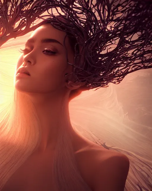 Image similar to beauteous sumptuous biomechanical incredible hair, crystalline masterpiece incrustations, hyperdetailed face, 4 k oled projected retinal overlays, elegant pose, movie still, intricate, octane render, cinematic forest lighting, cgsociety, unreal engine, crepuscular rays, god rays