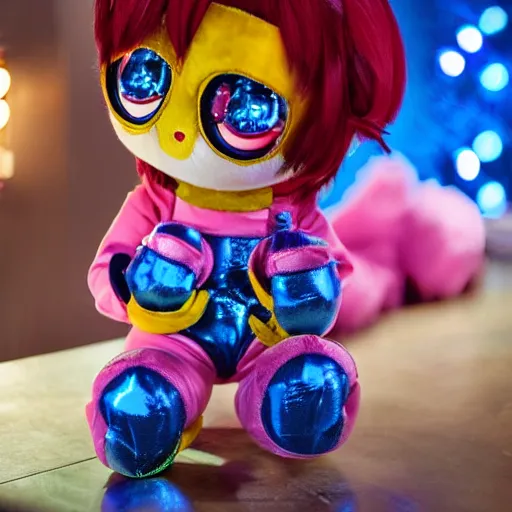 Image similar to cute fumo plush of an alien girl in shiny overalls, three point lighting, color contrast