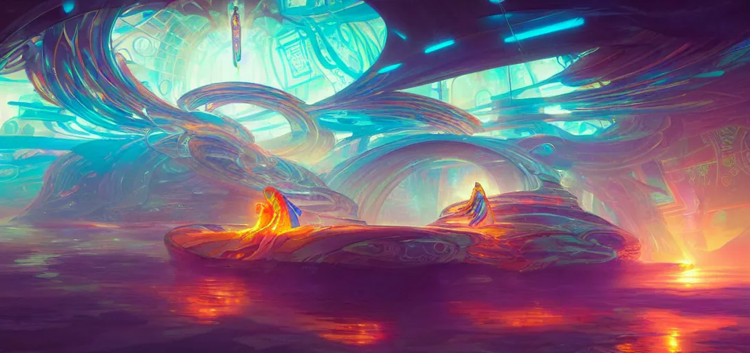 Image similar to a floating temple, channeling swirling energy, wearing netrunner clothing, vaporwave aesthetic, colorful, psychedelic, digital painting, artstation, concept art, smooth, sharp focus, illustration, art by artgerm and greg rutkowski and alphonse mucha