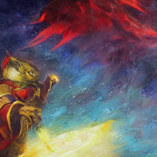 Image similar to Highly detailed oil painting, concept art, of a wizard casting a fireball spell, fighting against a huge ice giant, red and blue color scheme, concept art, highly detailed.