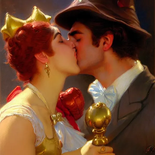 Prompt: a portrait of a super mario kissing princess peach. highly detailed painting by gaston bussiere, craig mullins, j. c. leyendecker, furry