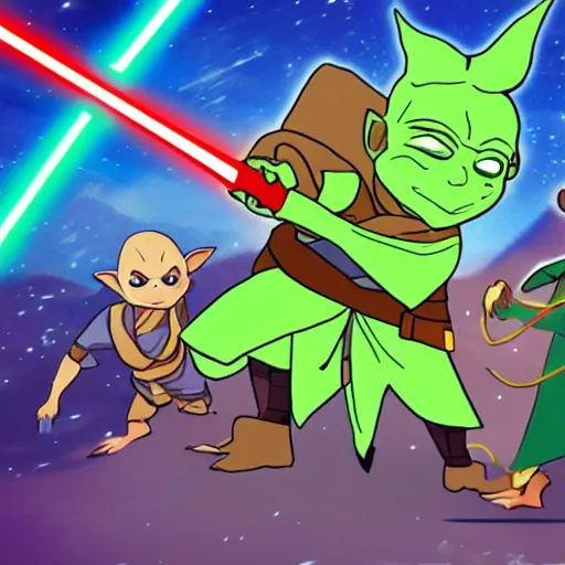 Prompt: Yoda obi wan lightsaber battle, dramatic duel of the fates, in the style of pokemon, cartoon, bright colours