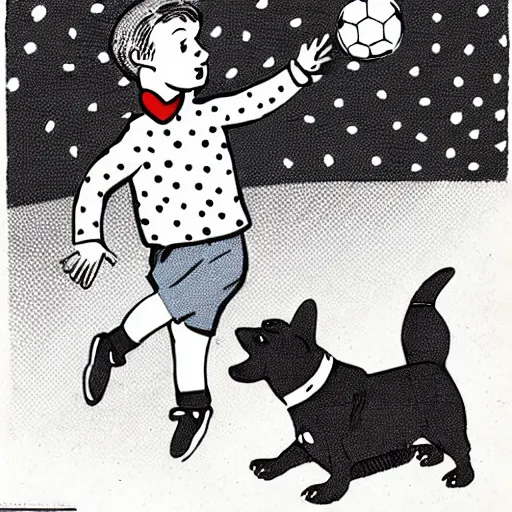 Image similar to illustration of french boy in paris playing football against a corgi, the dog is wearing a polka dot scarf, comic, 1 9 6 2