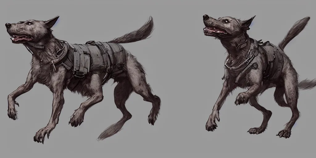 Image similar to cartoonish dog running, character sheet, fine details, concept design, contrast, kim jung gi, greg rutkowski, trending on artstation, 8 k, full body, turnaround, front view, back view, ultra wide angle