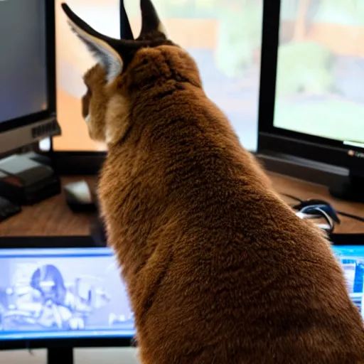 Prompt: view from behind from bed of a cute fluffy caracal wearing headset watching dual - monitors displaying call of duty and twitch, intricate detail, cinematic composition