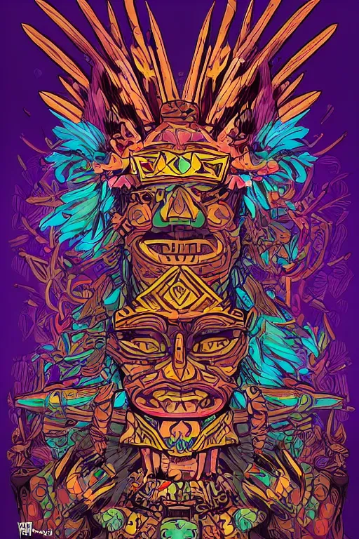 Image similar to totem animal mask tribal feather gemstone plant wood rock shaman vodoo video game vector illustration vivid multicolor borderlands comics by josan gonzales and dan mumford radiating a glowing aura