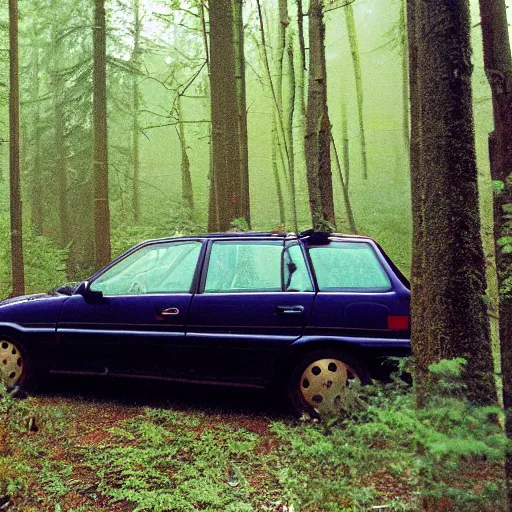 Prompt: vhs footage of a 1 9 9 5 volvo car in a boreal forest