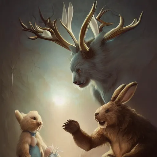 Image similar to a bear and a bunny chimera with the size and strength of a bear, The white color and long bunny ears of a bunny and golden brown antlers. Peter Mohrbacher. George Stubbs. Concept art. Fantasy. Trending on artstation. Masterpiece