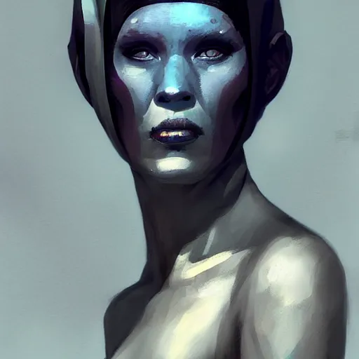 Prompt: portrait of a female Twi'lek by Greg Rutkowski, blue skin, she is about 30 years old, wearing black sith uniform, highly detailed portrait, digital painting, artstation, concept art, smooth, sharp foccus ilustration, Artstation HQ