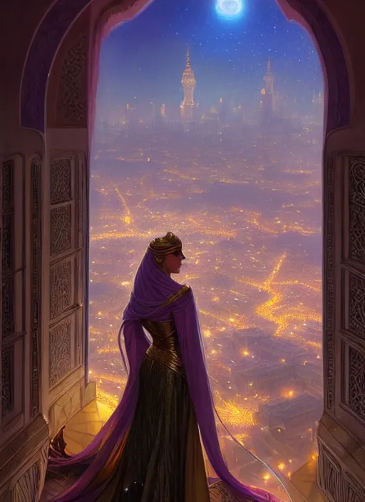 Image similar to an arabian princess looking over her city at night in the rain, shiny, fantasy, intricate, elegant, hyper detailed, ultra definition, photoreal, artstation, unreal engine rendered, concept art, smooth, sharp focus, illustration, art by artgerm and greg rutkowski and alphonse mucha and garis edelweiss
