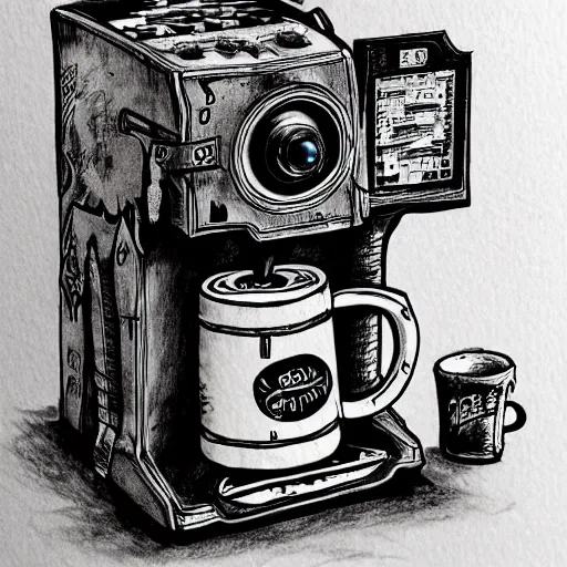 Prompt: coffe machine from borderlands, sci - fy, handdrawn, detailed, - 9