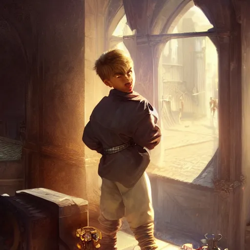 Prompt: portrait of a young boy fantasy thief in the slums of a fantasy city, dirty blonde hair, d & d, fantasy, joyful smirk, intricate, elegant, highly detailed, digital painting, artstation, concept art, matte, sharp focus, illustration, art by artgerm and greg rutkowski and alphonse mucha