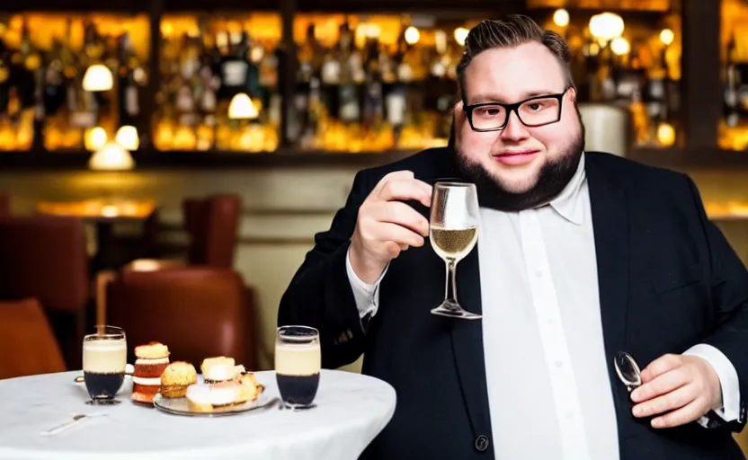 Prompt: fat guy with glasses, short beard, odd haircut and a glass of champagne, in classic suit in a bar setting, dimly lights, afternoon tea, a very interesting and intellectual person