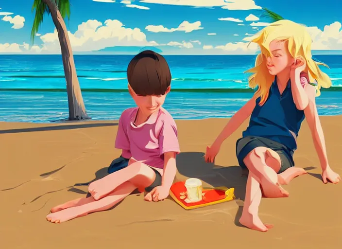 Image similar to two little boys with tousled blonde hair sitting on a beach. clean cel shaded vector art. shutterstock. behance hd by lois van baarle, artgerm, helen huang, by makoto shinkai and ilya kuvshinov, rossdraws, illustration, art by ilya kuvshinov