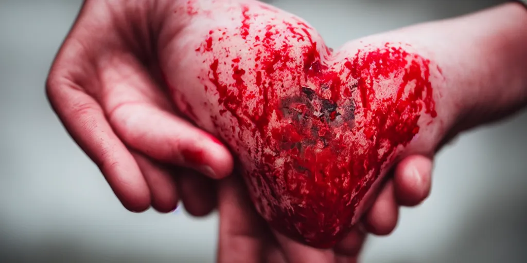 Prompt: a bloody heart being held by a hand, at night, torch lit, shallow depth of field