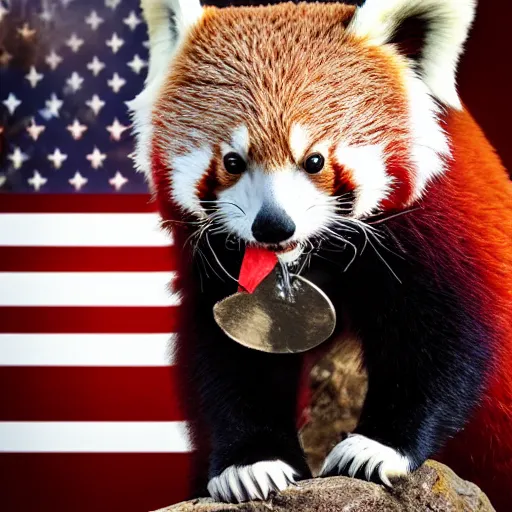 Prompt: red panda with armour, holding american flag, photo, dslr, photorealistic