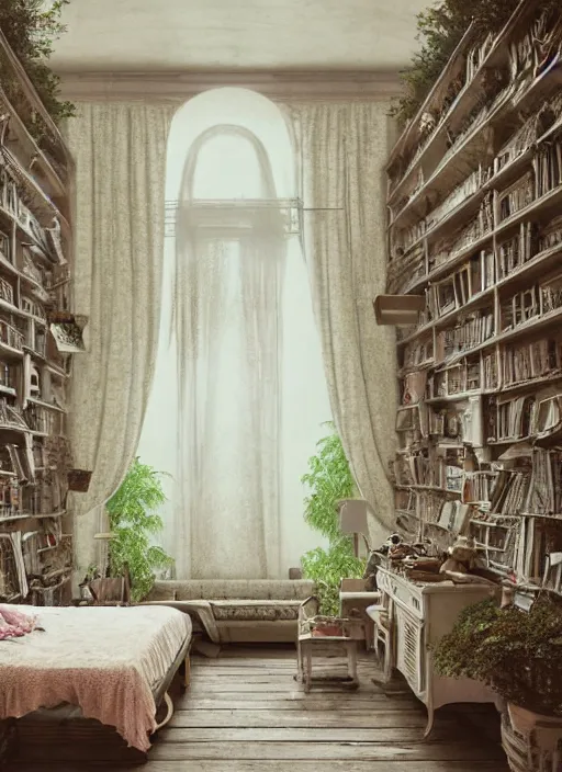 Prompt: cinematic matte painting digital art of architecture design, 4 k, hyperrealistic, composition by wes anderson, fisheye lens, pov perspective of maximalist botanical old shabby chic bedroom filled with posters and shelves and nic nacs by enjolras delphin, ethereal soft and fuzzy glow, by cicely mary barker