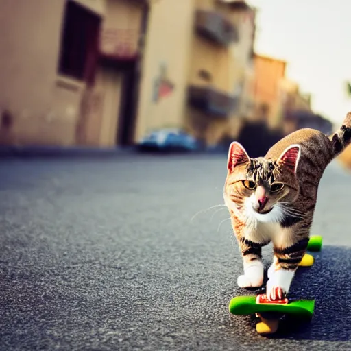 Prompt: cat riding a skateboard in street