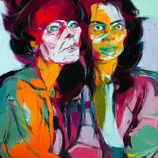 Image similar to a portrait of two beautiful 3 0 year old sisters in a scenic environment by francoise nielly, francis bacon