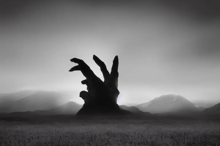 Prompt: a sublime black and white landscape photograph of a giant monster silhouette, in the style of ansel adams, octane render 8 k