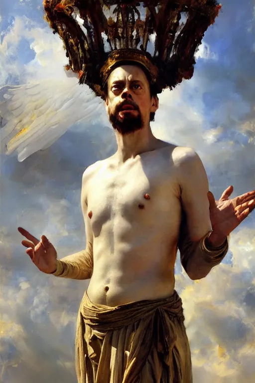 Prompt: beautiful detailed expressive impressionistic oil painting portrait of ancient roman god emperor steve buscemi levitating in angelic pose wearing the civic crown, art by anders zorn, wonderful masterpiece by greg rutkowski, expressive brush strokes, beautiful cinematic light, american romanticism by greg manchess, jessica rossier