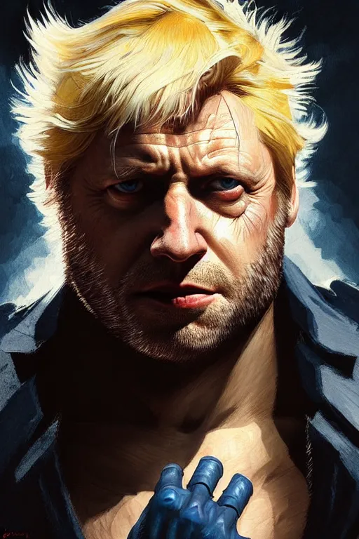 Image similar to Boris Johnson as Wolverine, portrait, X man costume, highly detailed, digital painting, artstation, concept art, smooth, sharp focus, illustration, cinematic lighting, art by artgerm and greg rutkowski and alphonse mucha