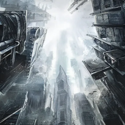 Prompt: A picture three tall skyscrapers with giant robotic features, fighting, punching, action, post apocalyptic urban landscape, sci fi, detailed, hyper realistic