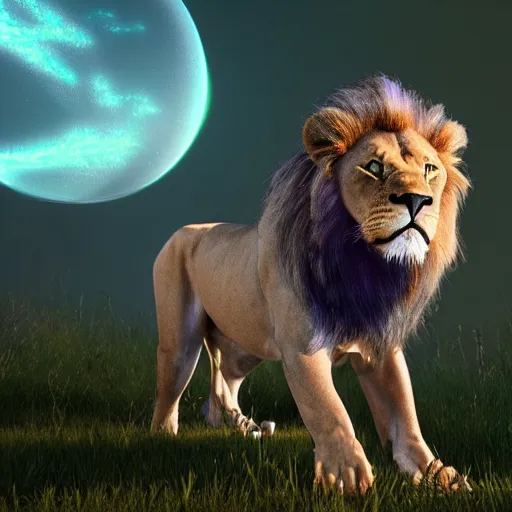 Image similar to astral transparant friendly lion, spirit animal, photorealistic, unreal engine 5, movement, dreams, DMT, dreamy, vapor wave, 80’s